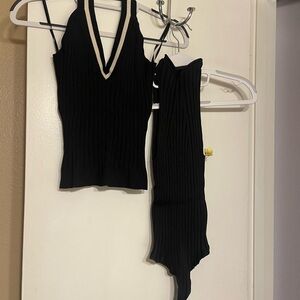 2Black Ribbed Knit Tank with Ivory Trim & Mock turtle sl/less body suit  sz M